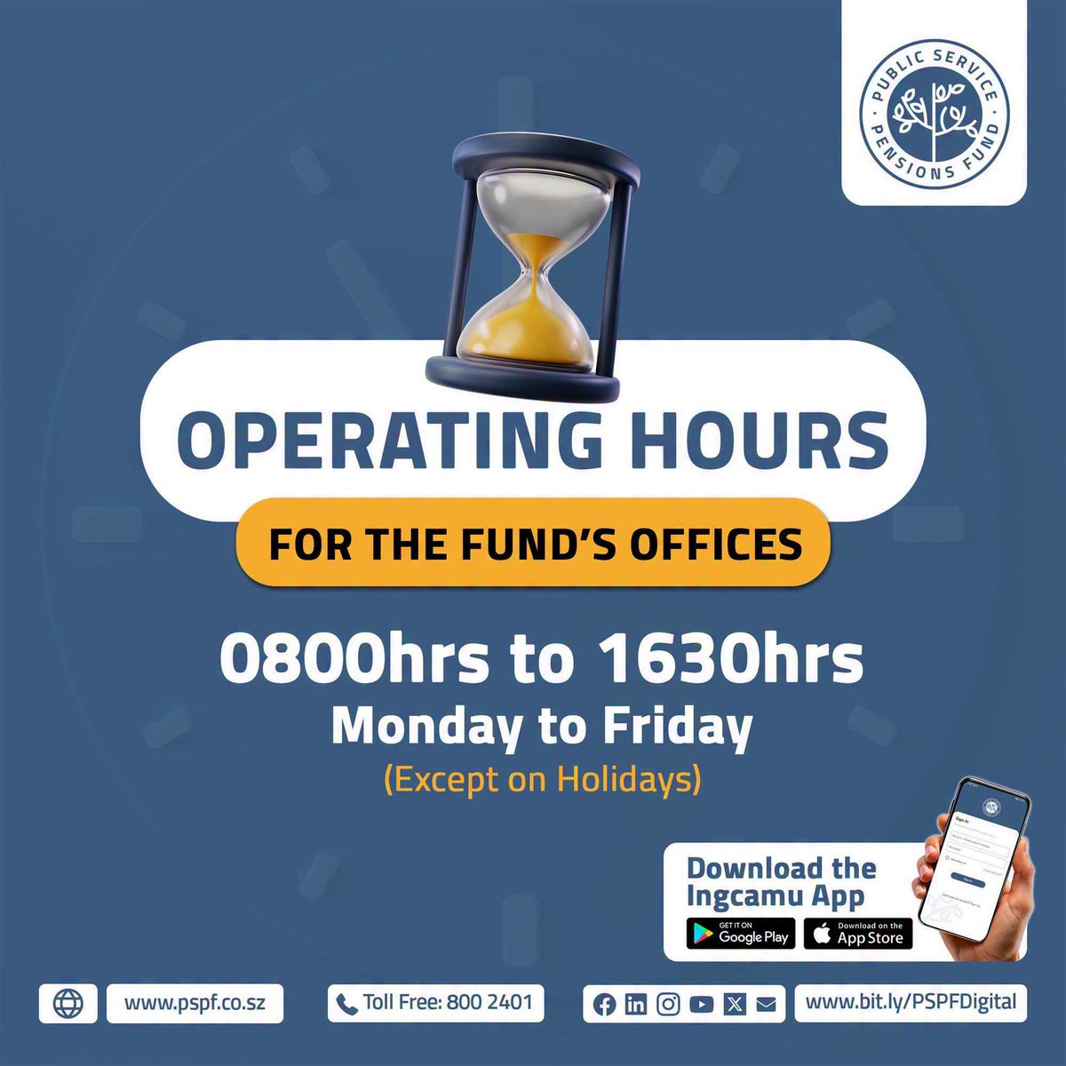 pspf_sz's tweet photo. Operating Hours For The Fund's Offices https://t.co/8wlkV98Rr2