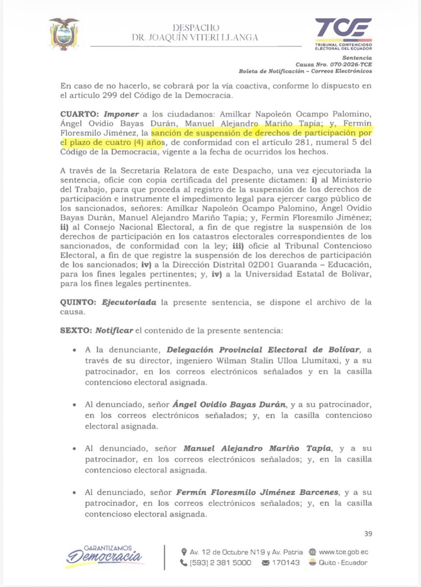 MashiRafael's tweet photo. Continúa la persecución en el «Nuevo Ecuador»: cuatro sencillos compañeros nuestros de la provincia de Bolívar, algunos de ellos indígenas, han sido multados CADA UNO con $10.000 y les han sido suspendidos sus derechos de participación por cuatro años, por no haber justificado en las elecciones generales 2025... ¡$3.420!
¡YA BASTA!
Mientras tanto, el drogo pelafustán se pasea en Rolls Royce y carros de lujo no declarados y se roba más de 70 millones de dólares en impuestos. Por otro lado, el lavado de dinero en el sistema bancario y las compañías falsas del crimen organizado los ve hasta un ciego.
Además del perjuicio a sencillos ciudadanos, ¿saben cuánto cuesta a todos los ecuatorianos la persecución por $3.430?
¡YA BASTA!
Mi abrazo solidario a nuestros compañeros de Bolívar.
#EcuadorVencerá