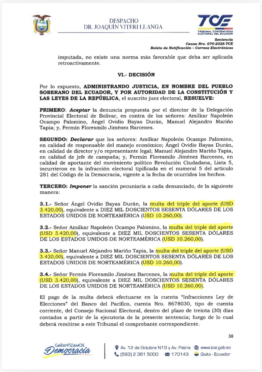 MashiRafael's tweet photo. Continúa la persecución en el «Nuevo Ecuador»: cuatro sencillos compañeros nuestros de la provincia de Bolívar, algunos de ellos indígenas, han sido multados CADA UNO con $10.000 y les han sido suspendidos sus derechos de participación por cuatro años, por no haber justificado en las elecciones generales 2025... ¡$3.420!
¡YA BASTA!
Mientras tanto, el drogo pelafustán se pasea en Rolls Royce y carros de lujo no declarados y se roba más de 70 millones de dólares en impuestos. Por otro lado, el lavado de dinero en el sistema bancario y las compañías falsas del crimen organizado los ve hasta un ciego.
Además del perjuicio a sencillos ciudadanos, ¿saben cuánto cuesta a todos los ecuatorianos la persecución por $3.430?
¡YA BASTA!
Mi abrazo solidario a nuestros compañeros de Bolívar.
#EcuadorVencerá