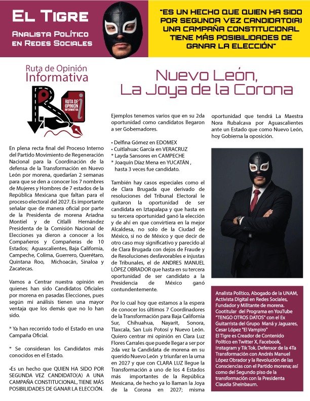 RutaOpinionInfo's tweet photo. #Opinión del @tigrecharroREAL Nuevo León La Joya de la Corona
"Es un hecho que quien ha sido por 2da vez candidato(a) en una campaña constitucional tiene más posibilidades de ganar la elección"
También hay casos especiales @ClaraBrugadaM y @lopezobrador_
#RutaDeOpiniónInformativa https://t.co/7PeaStS2O8