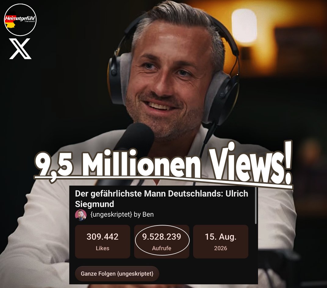HeimatliebeDE's tweet photo. WAHNSINN!

9,5 Millionen Views nach nur einem Monat.

Der Podcast von Ben {ungeskriptet} und Ulrich Siegmund ist komplett durch die Decke gegangen. Nach nur einem Monat stehen die Aufrufzahlen schon bei 9,5 Millionen.

Damit ist und bleibt der Podcast mit Ulrich Siegmund das beliebteste Gespräch von Ben {ungeskriptet}.

Gespräche dieser Art sind begehrt. Bei Ben kann man alles erzählen, was man möchte, man wird nicht zensiert und die Gespräche finden immer auf Augenhöhe und mit Respekt statt.

Gratulation und weiter so!