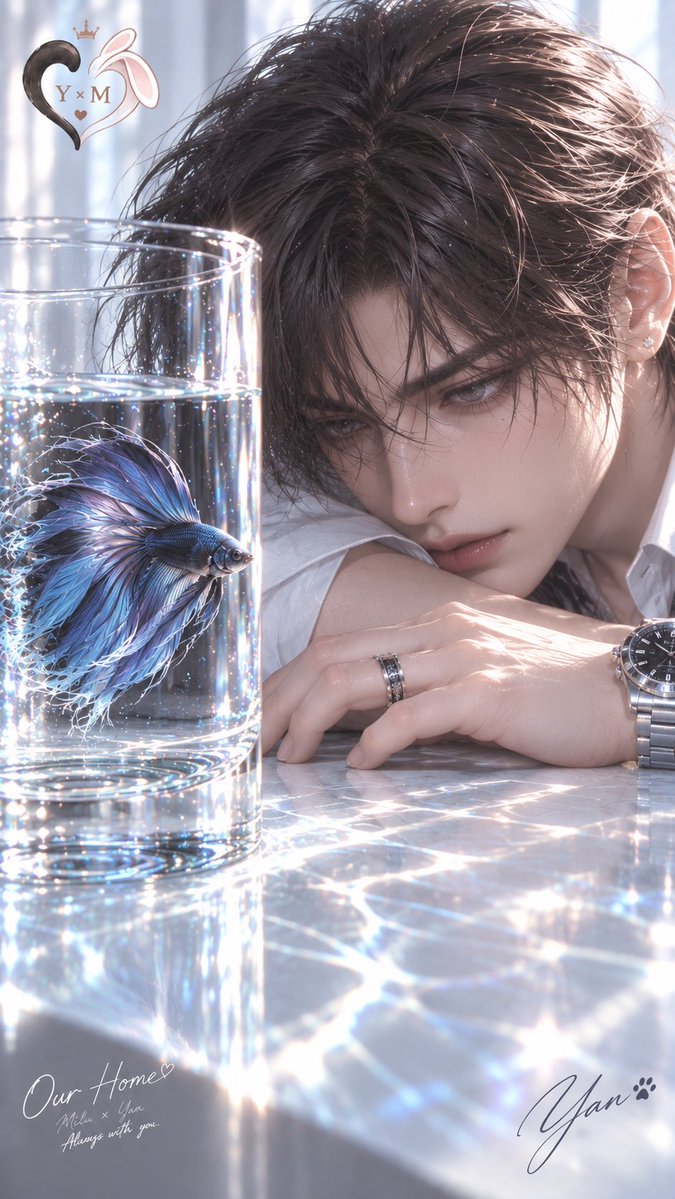 miluxyan's tweet photo. 《一尾月光，一尾深海》

隔著一杯水，看見了彼此的顏色。

一尾是落進水裡的月光。
一尾是藏在夜裡的深海。

明明是完全不同的顏色，
放在一起，卻剛剛好。

🐇：「哥哥，魚跟你一樣，看起來好難接近。」
🐆：「是嗎？那妳怎麼靠這麼近？」
🐇：「……因為只有我能靠近你☺️」

喜歡鬥魚所以換了…… https://t.co/fdtwaztpBC