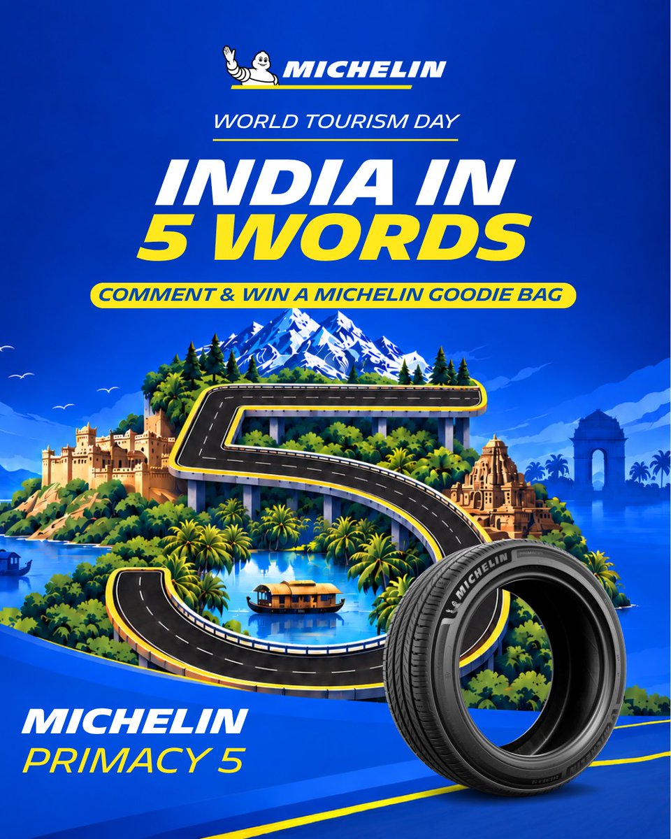 MichelinIndia's tweet photo. 5 words. 1 destination. Endless reasons to explore. ​
​
This World Tourism Day, tell us the Indian destination you’d love to visit and why — in exactly 5 words.​
​
🗺️ Pick one Indian destination​
💬 Tell us why in exactly 5 words​
🎁 5 lucky winners win a Michelin goodie bag!​
​
Your destination. Your 5 words. Your story.​
​
Start commenting! 👇​
​
#WorldTourismDay #ContestAlert #MichelinIndia