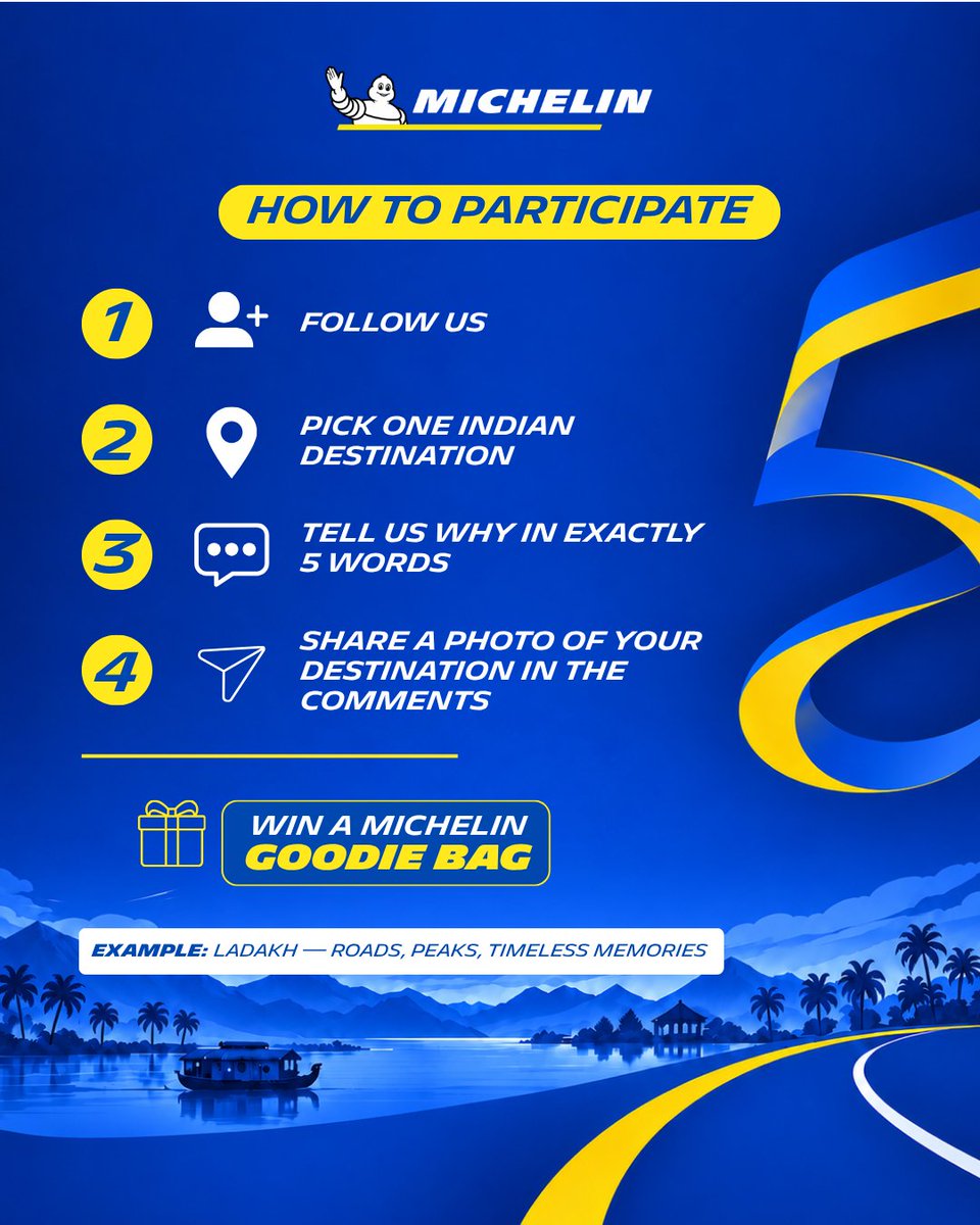 MichelinIndia's tweet photo. 5 words. 1 destination. Endless reasons to explore. ​
​
This World Tourism Day, tell us the Indian destination you’d love to visit and why — in exactly 5 words.​
​
🗺️ Pick one Indian destination​
💬 Tell us why in exactly 5 words​
🎁 5 lucky winners win a Michelin goodie bag!​
​
Your destination. Your 5 words. Your story.​
​
Start commenting! 👇​
​
#WorldTourismDay #ContestAlert #MichelinIndia