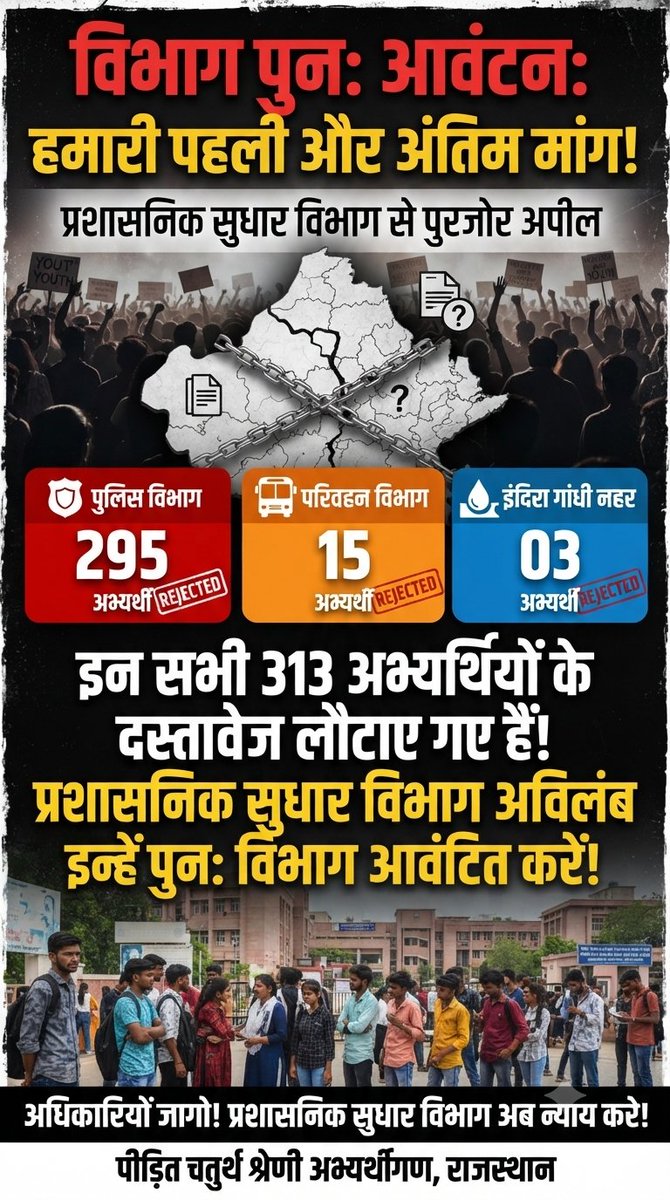 jaatji1233's tweet photo. चतुर्थ श्रेणी भर्ती 2024: पुलिस, परिवहन और नहर मंडल ने अभ्यर्थियों के दस्तावेज लौटा दिए हैं। अभ्यर्थी दर-दर भटकने को मजबूर हैं। हमारी प्रशासनिक सुधार विभाग से नम्र अपील है कि शीघ्र पुनः विभाग आवंटन कर हमें राहत प्रदान करें! @RajCMO @RajGovOfficial @DIPRRajasthan @svoruganti1466 https://t.co/hsVhUnM8xA