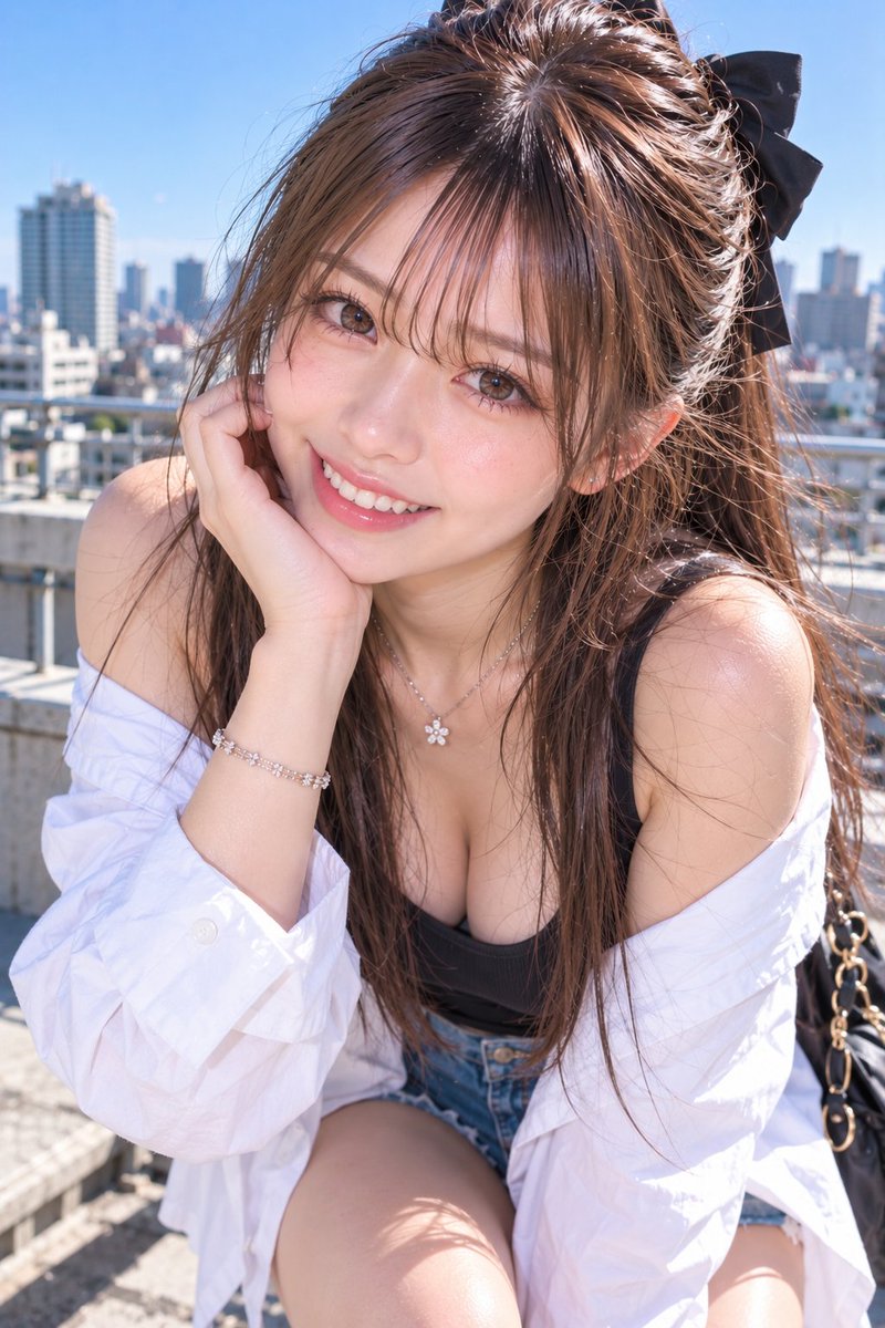 AIirot's tweet photo. 青空を背負う笑顔が、無機質な屋上に光を咲かせる一瞬。
#AI美女　#AIイラスト https://t.co/PP9wYElrq9