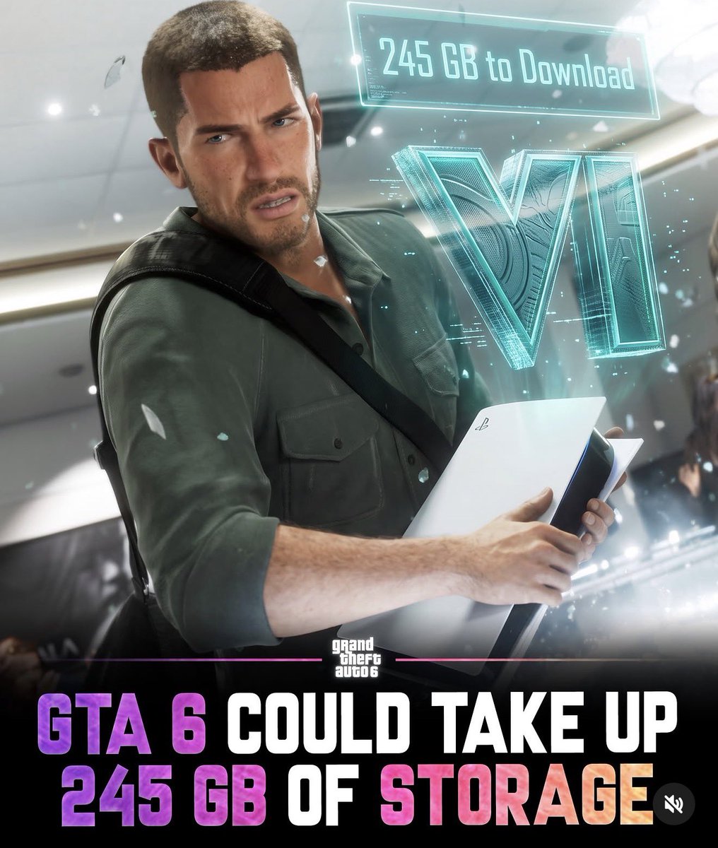 thematrek's tweet photo. The internet is melting down over rumors that GTA 6 could demand a staggering 245 GB of storage space on your console! swoop! How many games are you going to have to delete off your hard drive to make room for GTA 6 on launch day? Drop your storage survival plans down below! https://t.co/7hJCgsOWxr