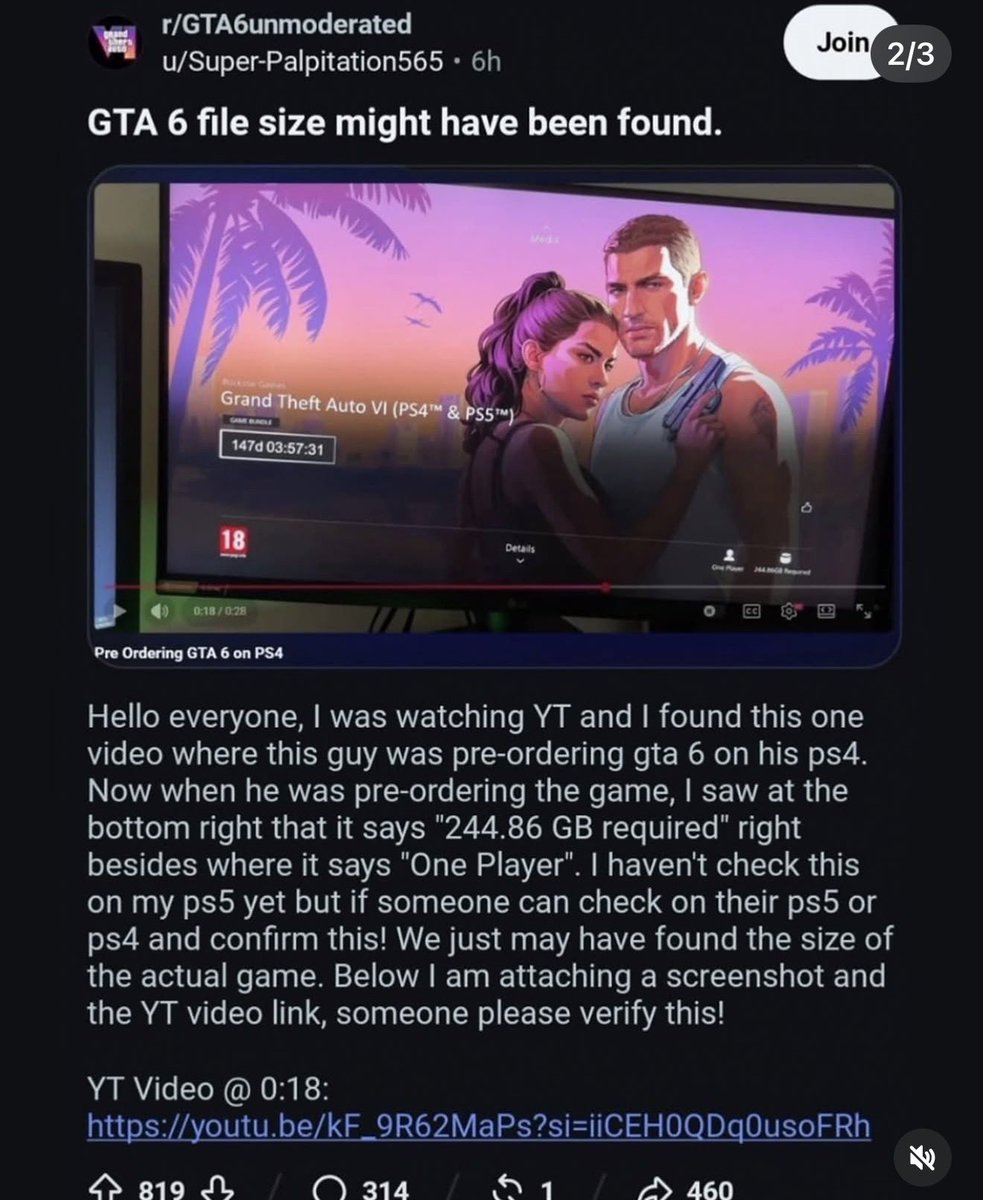 thematrek's tweet photo. The internet is melting down over rumors that GTA 6 could demand a staggering 245 GB of storage space on your console! swoop! How many games are you going to have to delete off your hard drive to make room for GTA 6 on launch day? Drop your storage survival plans down below! https://t.co/7hJCgsOWxr