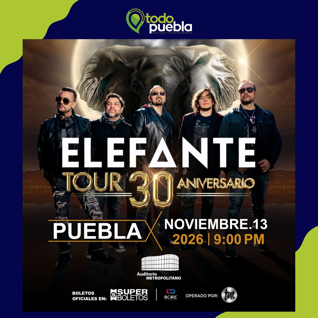 rosebud159's tweet photo. صورة من todopuebla بتاريخ 4 سبتمبر 2026. قد تكون صورة لنص يقول: «إليفانتي تور، الذكرى الثلاثون، بويبلا، 13 نوفمبر 2026، الساعة 9:00 مساءً، أوديتوريو ميتروبوليتانو». https://t.co/a6uFP1HIdX
