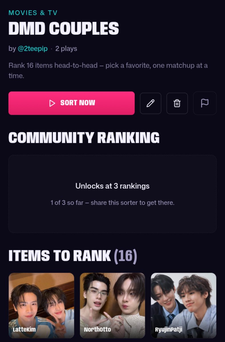 2ttpip's tweet photo. Hi, I was bored and created a survey for you to form your own ranking of couples in DMD.
I hope you like it 🥹
If you do it, I'd like to know your top.

https://t.co/fXt4IsElBx

@DomundiTV

#DMD https://t.co/TtAYFJTnTU