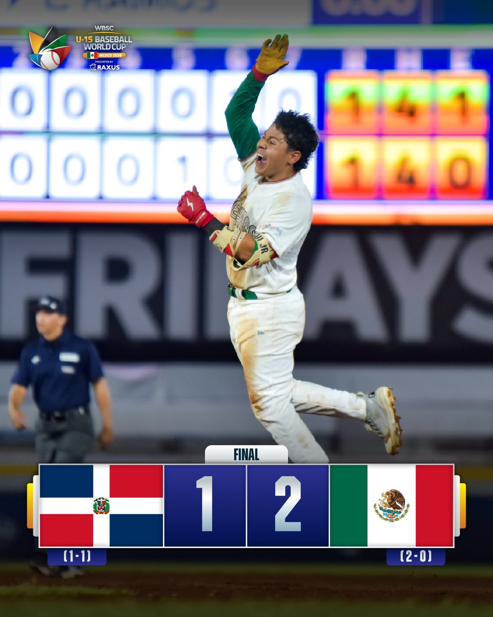 WBSC's tweet photo. 🇲🇽 Mexico walk it off in an instant classic against Dominican Republic!
WBSC U-15 Baseball World Cup presented by RAXUS!
#BaseballWorldCupU15 https://t.co/dBkxIeRvcD