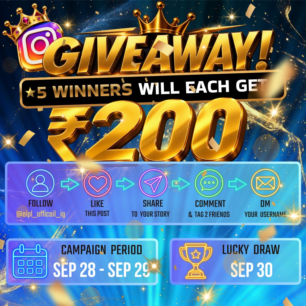 eIPL_channel's tweet photo. 🎉 eIPL GIVEAWAY 🎉

📅 Giveaway: Sep 28–29
🎲 Lucky Draw: Sep 30
🏆 5 Lucky Winners
💰 ₹200 Bonus Each!

How to Participate:
1️⃣ Follow us on Instagram:
https://t.co/yGR4accpu5
2️⃣ Like this Giveaway post ❤️
3️⃣ Share this post to your Instagram Story 📲
4️⃣ Comment & tag 2 friends 👥
5️⃣ DM us your eIPL Game Username 🎮

⚠️ IMPORTANT:
• Your eIPL Game Username must be sent during the Giveaway period.
• UID is NOT your Game Username.
• Each eIPL Game Username has only one winning chance in this Giveaway.
• All winners will be checked for all Giveaway requirements.
• If any requirement is not completed, the winner may be disqualified and a new winner will be selected.
🎁 ₹200 Bonus will be credited to your eIPL account within 2 days.
🔄 3× turnover is required before withdrawal.
🍀 Complete all steps for your chance to win!

Good Luck Everyone! 🔥❤️