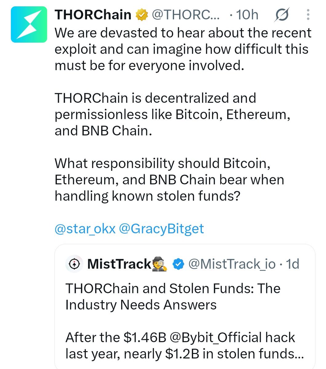 Hunt029's tweet photo. $RUNE is up 20% today

n the timing is kinda wild

because while RUNE is pumping...

THORChain is in the middle of a debate abt

what DECENTRALISATION actually means

n at the same time...

it's making a big change to RUNE's economics

so i went digging

.
.

Bitget was recently exploited.

roughly $387M ended up under attacker control.

some of those funds started moving through THORChain.

Bitget's CEO publicly asked THORChain to block the known hacker addresses.

THORChain's response was basically:

>we're decentralized + permissionless.

>Bitcoin is permissionless.

>Ethereum is permissionless.

>BNB Chain is permissionless.

if stolen funds move through Bitcoin...

what responsibility does Bitcoin have to stop them?

.

and that's important because THORChain is literally built around this idea.

it lets users swap native assets across chains.

BTC → ETH.

ETH → USDC.

>without wrapping.

>without a centralized exchange.

>without asking permission.

great when you're a normal user.

much more uncomfortable when you're a hacker.

and we've seen this before.

.
.

after the Bybit hack, stolen funds also moved through THORChain.

so THORChain keeps hitting the same contradiction:

>what makes the network useful...

>also makes it controversial.

and it's leaning further into this model.

>Zcash support is coming.

>Monero is planned after that.

but there's another story happening underneath all this.

.
.

THORChain just changed RUNE's economics.

previously, 5% of system income went toward burning RUNE.

now?

just 1%.

an 80% reduction.

yet RUNE is up 20%.

because instead of burning more tokens...

THORChain will direct 20% of system income toward Protocol-Owned Liquidity.

basically, THORChain wants to own more of the liquidity powering its swaps.

the bet..

more liquidity

→ better swaps

→ more volume

→ more fees

→ more liquidity.

instead of destroying RUNE...

THORChain wants to use more of its economics to grow the network.

and there's already activity underneath it.

in August:

>$613M swap volume.

>active wallets +57%.

>21.8K new wallets.

>another $254M routed through affiliates.

so the setup is pretty interesting.

>more permissionless assets.

>more protocol-owned liquidity.

>less RUNE burning.

>more controversy around permissionless swaps.

and Wealthsimple is removing RUNE support on September 29, saying changes in third-party provider support mean it can no longer meet its liquidity requirements.

meanwhile...

.
.

RUNE +20%.

THORChain is basically making two bets:

permissionless > censorship.

and

growth > burning.

.
.

>>if deeper liquidity brings more volume + fees...

cutting the RUNE burn from 5% → 1% could make sense.

>>if it doesn't...

THORChain gave up most of its burn without getting enough growth in return.

so today's 20% candle isn't really the interesting part.

the real question is

>>can THORChain stay truly permissionless when bad actors use it...

>>and can growing the network create more value for RUNE than simply burning it?