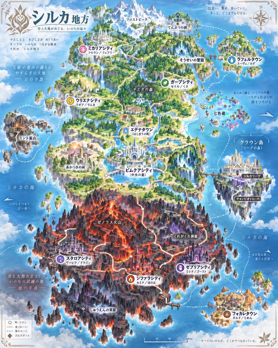 gen100_hevehell's tweet photo. ———舞台は、シルカ地方。———

『ポケットモンスター ヘブン&amp;ヘル』の舞台
「シルカ地方」。

北には“天国”を思わせる地域、
南には“地獄”を思わせる地域が広がっています。

この地方を舞台に、
物語が始まりま��。

※本企画は非公式のファンメイド作品です。

#ポケ妄想 #ポケットモンスター https://t.co/oFxoyEZ6uA