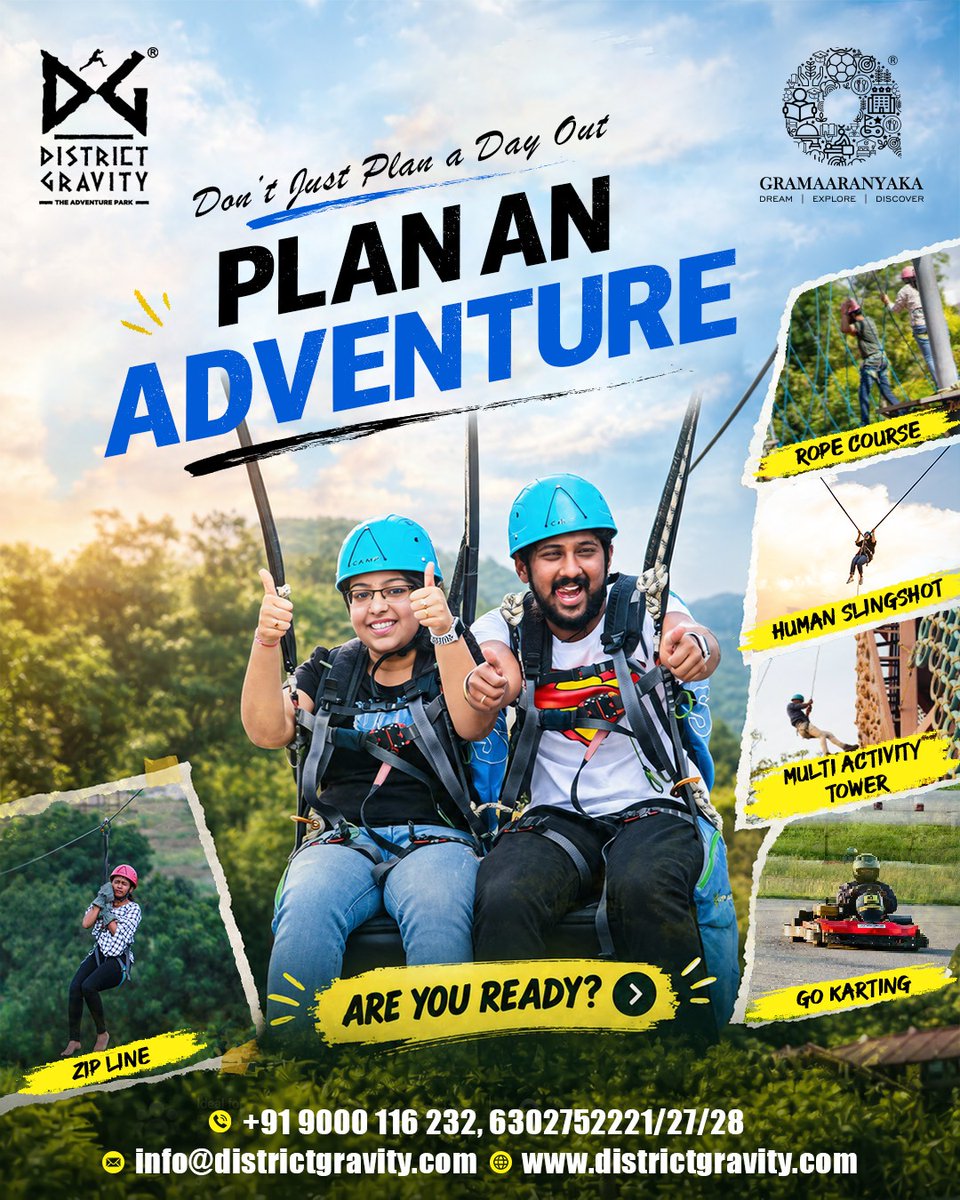 DistrictGravity's tweet photo. DON’T JUST PLAN A DAY OUT.
PLAN AN ADVENTURE.

THRILL AFTER THRILL. ALL IN ONE PLACE.

ARE YOU READY?

+91 63027 52221 | 63027 52227 | 63027 52228

#DistrictGravity #AdventurePark #AdventureInHyderabad #Shamirpet #HyderabadAdventures https://t.co/S9bPqsli1R