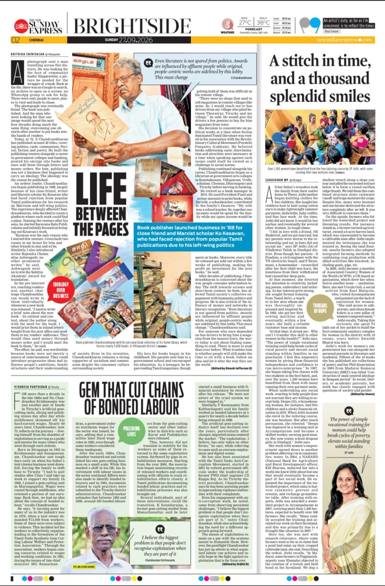 xpresstn's tweet photo. Don't miss our sun-shine stories this Sunday #BRIGHTSIDE #TNIE                          

Written by:
@krithika_writes
@VivaneshTNIE
@saravananwriter

Page anchored by: @veena_logue https://t.co/wu35XYP5zk