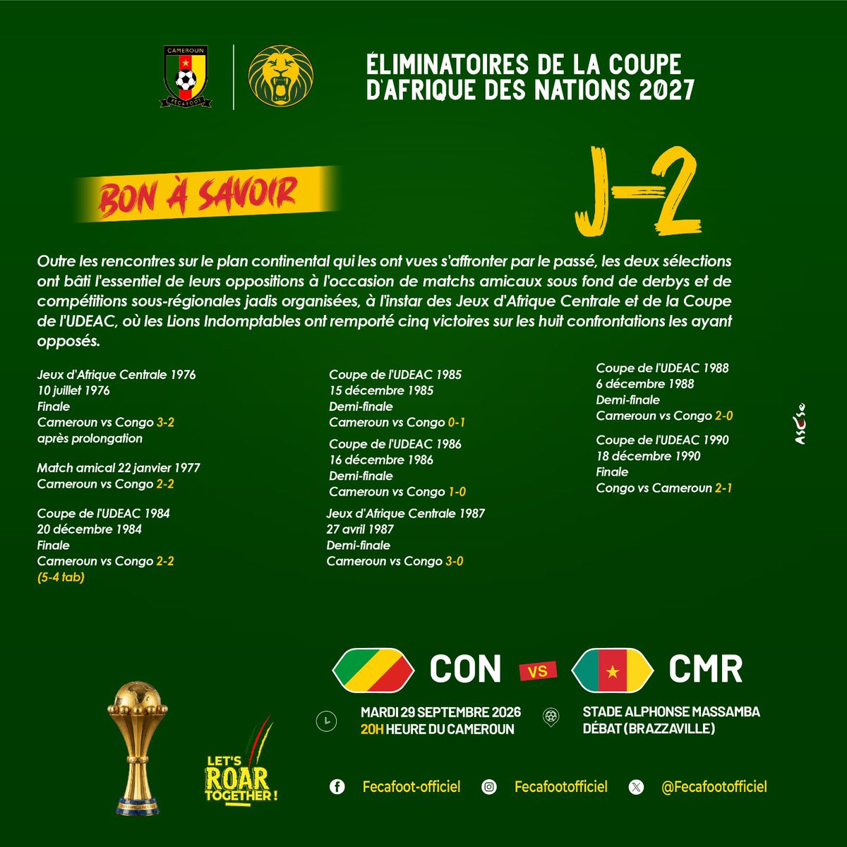 LIndomptables's tweet photo. 🔴🔴⚽️🔥
JJ➖2️⃣
#CONGO 🇨🇬 🆚 🇨🇲 #CAMEROUN
📆 29/09/2026
⏰ 20H00
🏟️ Stade Alphonse Massamba- Débat
📍 Brazzaville - Congo
#CANTOTALENERGIES2027Q |
#CONCMR | #GOLIONS | #ALLEZLESLIONS | #LETSROARTOGETHER | #INDOMPTABLES | https://t.co/81BONpCOMY