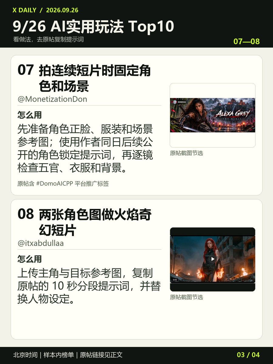 Yobert88ace's tweet photo. AI 实用玩法 Top10｜9/26（北京时间）
只限发帖日期，语言不限。👇
#AI实用技巧

01 按同一题型生成练习题：复习时能快速补一组针对性练习。
https://t.co/EU8emexpIz

02 把角色图做成立体贴纸板：适合做角色头像、表情包和手账素材方案。
https://t.co/oXylmd3VN6

03 用一段提示词做旅行 Vlog：可把行程改成自己的地点，快速搭出旅行短视频的镜头顺序。
https://t.co/KoakTfRGSq

04 把自拍做成旅行剪影海报：适合做旅行记录封面或社交媒体配图。
https://t.co/48ealK1W8u

05 三张参考图做水元素动作短片：想做角色短视频时，可借鉴按时间写动作与镜头的方法。
https://t.co/gFB3FV1Vr7

06 把自己的脸放进角色设定图：适合制作个人头像或短片角色的多视角设定稿。
https://t.co/cJjmgAyC5Z

07 拍连续短片时固定角色和场景：做连续绘本、角色短剧或系列视频时能保持人物和场景连贯。
https://t.co/IJzexXsvhF

08 两张角色图做火焰奇幻短片：适合练习角色一致性和动作镜头的分段描述。
https://t.co/FyuWtLj5fu

09 把自拍做成拍立得小卡：适合照片分享、手账和纪念卡。
https://t.co/qRG1S2xEb7

10 用 Gemini 给 PDF 做带页码笔记：读租约、课程资料或会议材料时，可以先定位相关页码再回看原文。
https://t.co/ewUlLxGs6K

点开图片可以预览哦🤠🤠