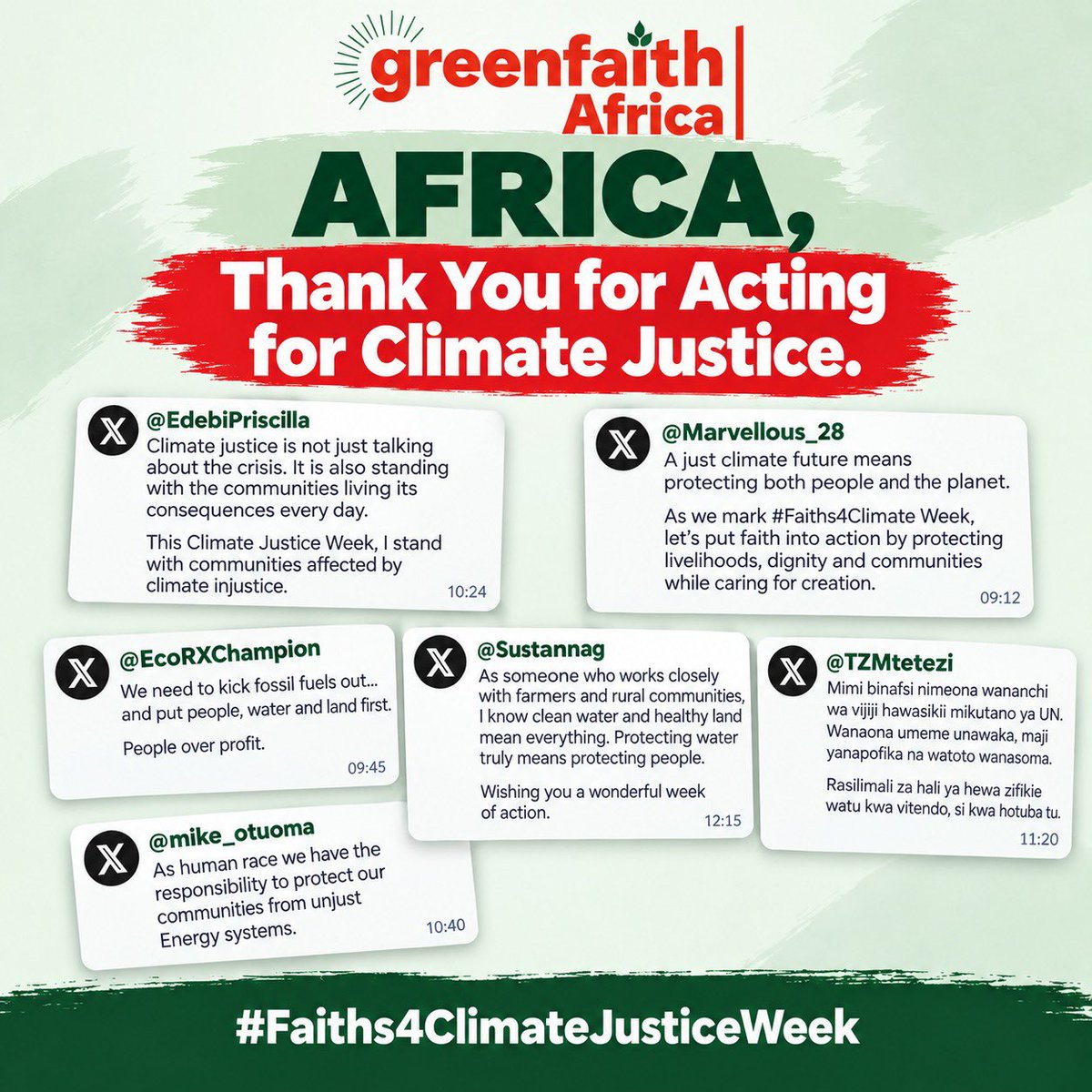 GreenFaith_Afr's tweet photo. Across Africa &amp; beyond, #Faiths4ClimateJusticeWeek has shown the power of faith to inspire action. Together, we engaged thousands of people globally, calling on faith communities to put faith into action.
The time is now.
 #Faiths4Climate #ClimateJustice
@Marvellous_28 https://t.co/lY10T5vqIo
