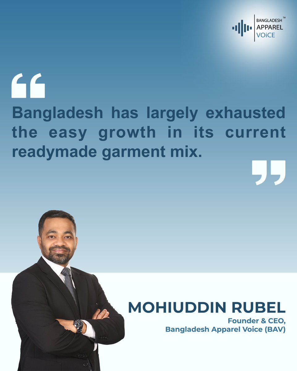 BAV2026's tweet photo. "Bangladesh has largely exhausted the easy growth in its current readymade garment mix."

#BangladeshGarments #RMGIndustry #GarmentExport #GarmentIndustryGrowth #BangladeshRMG https://t.co/cm4zreD3Bv