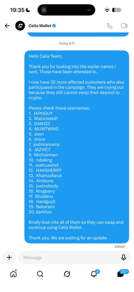 TOTTI6t21's tweet photo. Game changer? Let’s see.

Cashback drops, deposits flood in, then AML review, frozen accounts, and support vanishes. People can’t buy, sell, or withdraw their own naira

Balances missing. Transfers stuck for days. BNB gone with “it’s on-chain, we don’t control it.”
Run the wallet. Run the promo. Don’t treat user funds like an afterthought when volume spikes.

If it’s non-custodial, prove it when people need their money. If support can’t handle the campaign you announced, don’t announce it.

Fix withdrawals. Answer tickets. Stop making users chase their own deposits.

Don’t keep quiet.

@CeliaWallet