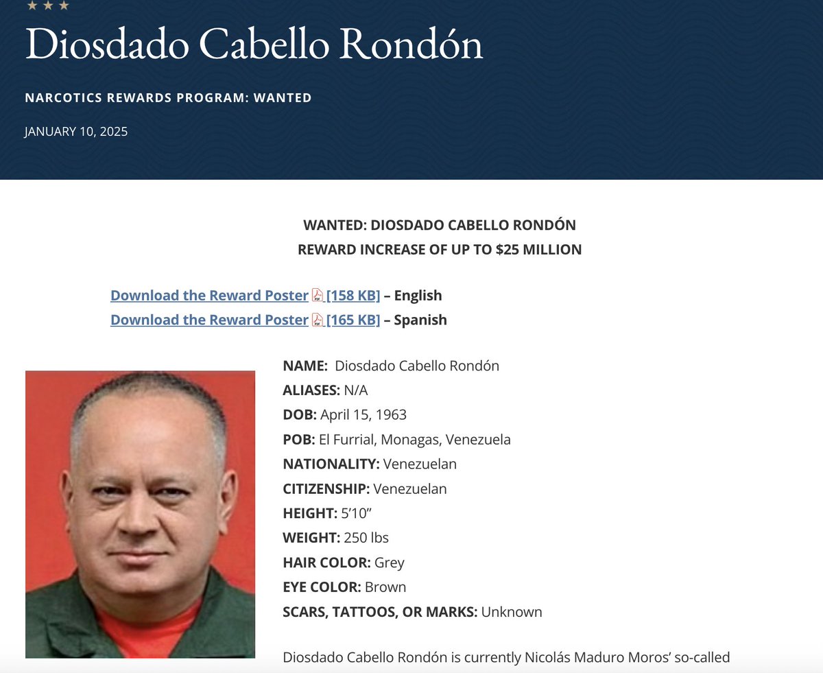OrlvndoA's tweet photo. Al día de hoy, Diosdado Cabello sigue siendo uno de los criminales más buscados y con mayor recompensa por la justicia de EEUU, bajo cargos de narcoterrorismo y narcotráfico. 

De hecho, Diosdado Cabello es la segunda persona con mayor recompensa por su captura, junto a 'El Pelón', máximo jefe del Cártel Jalisco Nueva Generación.

Está en Caracas y es ministro de Interior del régimen de Delcy Rodríguez, que colabora activamente con EEUU.

La página del Departamento de Estado sigue diciendo que valora cualquier información que conduzca a su captura.
