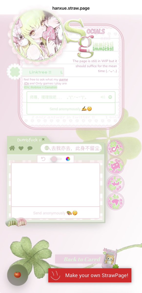 hanxuess's tweet photo. I’m not even that active on my socials (mostly reposting a) but it’s fun to make stuff like strawpages and carrds so🥺🥺 send me gimmicks (please.) https://t.co/p27fzUsPaz https://t.co/UUTQf0iH22