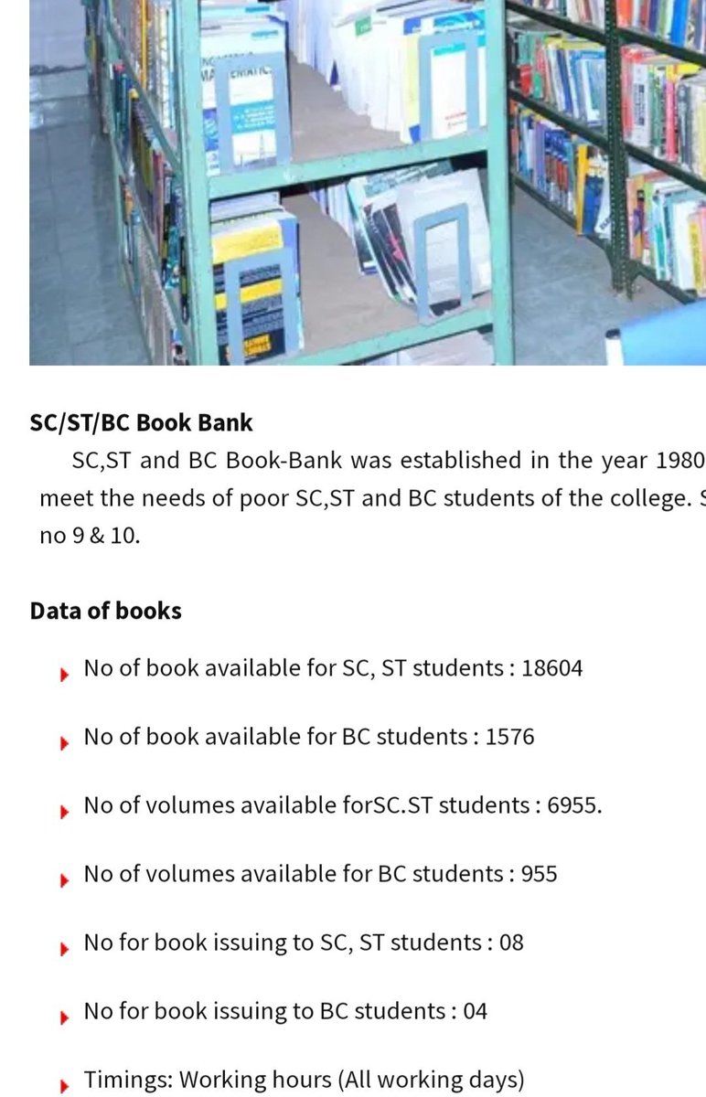 neha_laldas's tweet photo. There is library reservation, not only in NIT, but in all govt colleges, for ages!!!

Features of library reservation:
-Special book-banks
-Different library rules for SC/ST/OBC students:
-Exclusive access
-More no. of books allocated
-Longer duration
-No fine https://t.co/K8Phjq7dv6