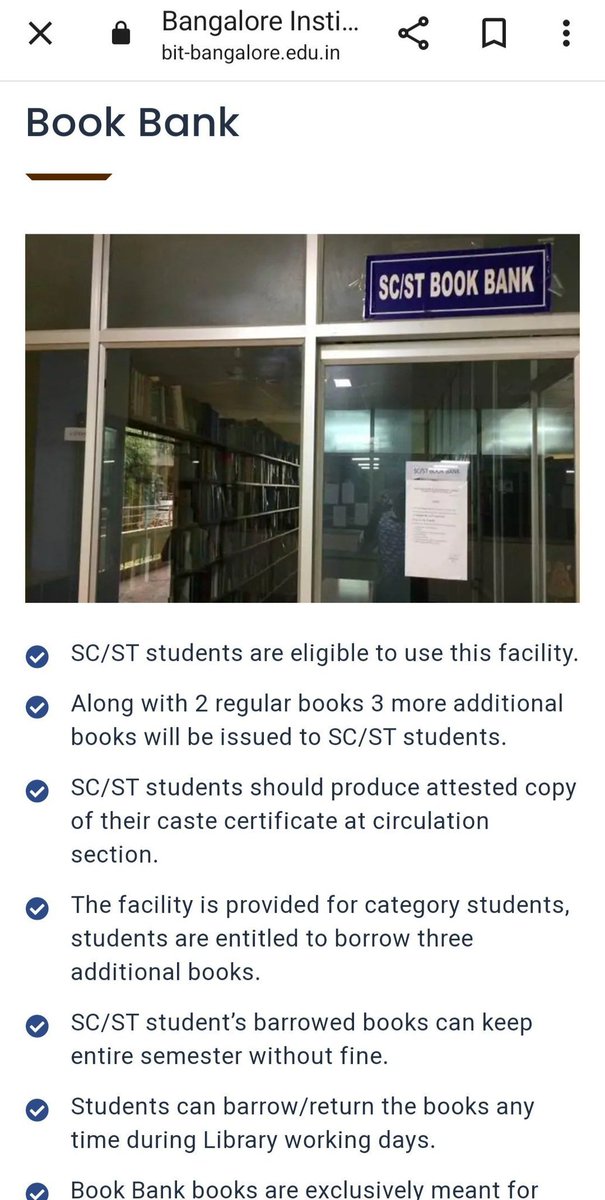 neha_laldas's tweet photo. There is library reservation, not only in NIT, but in all govt colleges, for ages!!!

Features of library reservation:
-Special book-banks
-Different library rules for SC/ST/OBC students:
-Exclusive access
-More no. of books allocated
-Longer duration
-No fine https://t.co/K8Phjq7dv6