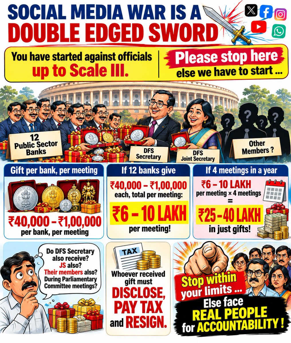 bankaffairs's tweet photo. DFS, BE CAREFUL. YOU STARTED THIS.

For a week now, bank employees have been targeted through an aggressive social-media campaign. Management is being used as the vehicle. The aim looks simple: shame the staff and look righteous.

But a campaign like this cuts both ways.

You placed the blame on us. Then the same standard will come back to you.

You started this. We were forced to answer.

If DFS wants transparency, let it be full transparency. Morality cannot be a one-way speech.

First look at your own conduct. First clean your own house.

Ninety-nine percent of the employees below are not engaged in any illegal activity. Do not put an entire workforce under suspicion for the sake of a propaganda show.

Now one simple question.

Parliamentary Committee meetings regularly bring together DFS officials and public-sector banks. At those meetings, banks give silver coins, mementos and other complimentary items. Not a small souvenir. A gift, person by person.

One bank may give an item worth ₹40,000 to ₹1,00,000. When many banks give in the same meeting, one DFS official may collect gifts worth ₹6 lakh to ₹10 lakh in current value. In one meeting.

That is not the end of it.

If one official attends two or three such meetings in a year, the same collection repeats. Then the figure itself can come to around ₹20 lakh to ₹30 lakh in a year. For one official.

Does anyone believe this is unknown?

So answer these questions.

Who authorised this expenditure?  
Under what rule was it sanctioned?  
Was it given personally or to the institution?  
Who received it?  
What was the value received by each official in one meeting?  
If the same official attends two or three meetings a year, what is the yearly total?  
Does that yearly total come close to ₹20 lakh to ₹30 lakh?  
Was it declared under the conduct rules?  
Did DFS know that its officials were receiving such gifts?  
Were the MDs and managements authorised to spend this public money?  
What is the total bill across all banks and all such meetings?

Do not forget a single bill.

Every bill passes through the desk. Through a clerk. Through an officer. Through an approval chain. Nothing in this system disappears without a trace. You cannot bury this. You cannot hide the paper.

And gifts are only a drop in the ocean.

The public still does not have a clear picture of loan settlements, sale of assets to ARCs, NCLT settlements, and other loan dealings. The same silence covers insurance commissions, cars purchased, and foreign trips taken. People inside the system know who went, who received, and who signed.

How many tours of DFS officials have banks sponsored?  
How many cars have gone to families?  
We know. Others know too.

So keep quiet.

Do not force us to open everything.

This is public money. Show the records. Show the rules. Show the list of recipients. If you want a fight on transparency, then every one of these questions will come with it.

We are not passing a final judgement. We are asking for the papers. These matters belong to audit, vigilance and documents. Not to a social-media campaign against ordinary employees.

So stop the threats.

Allow our lawful strike to take place peacefully. That is the decent course.

If you leave that path and continue to threaten, twist, intimidate and play this rowdy game through management, it will not stay on us. It will come back to you.

Everyone here knows what is happening.

The Government’s own conduct rules say officials must act by the rules and by their best judgement. That duty cannot apply only to people below.

Transparency cannot be selective.  
Accountability cannot be one-way.  
Public money deserves answers.

You opened this door.  
Do not complain when the light falls on both sides.

#DFS #Banking #PublicMoney #Accountability #Transparency #EqualTreatment #BankEmployees #LegalStrike