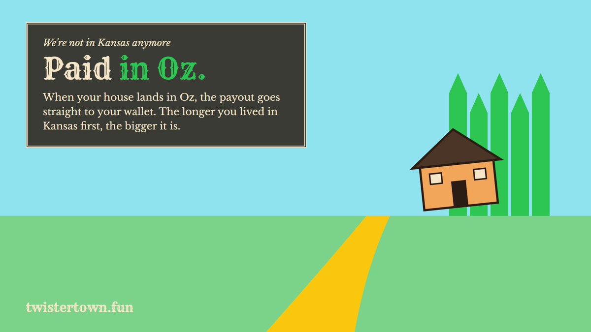 TwisterPONS's tweet photo. We're not in Kansas anymore.

When the twister picks your house, the payout lands in your wallet. The longer you've lived in town, the more it's worth.

$OZ https://t.co/3OTOTcFNpP