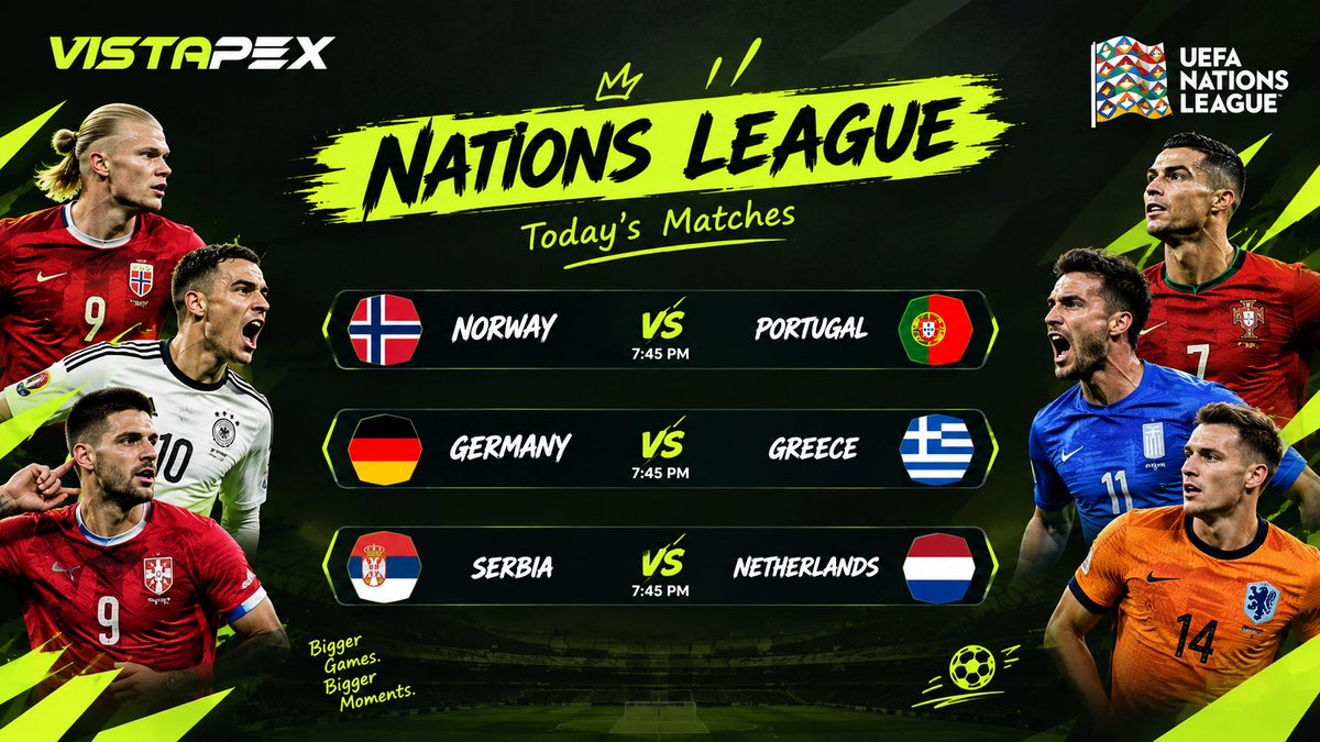 VistaPex's tweet photo. Super Sunday in the Nations League ⚽

🇳🇴 Norway vs Portugal 🇵🇹
🇩🇪 Germany vs Greece 🇬🇷
🇷🇸 Serbia vs Netherlands 🇳🇱

Norway vs Portugal is the headliner. Who blinks first? https://t.co/FX7U4TkjLf
