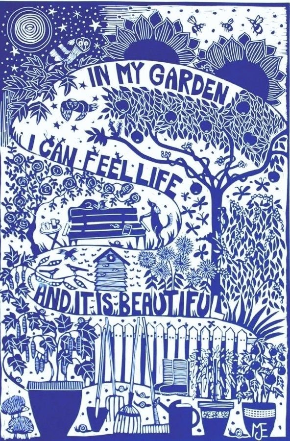 womensart1's tweet photo. 'In my garden' by Mariann Johansen-Ellis, contemporary printmaker #ReframingWomenPrintmakers 
#ColourBlueWeek https://t.co/V3Uc26usEB