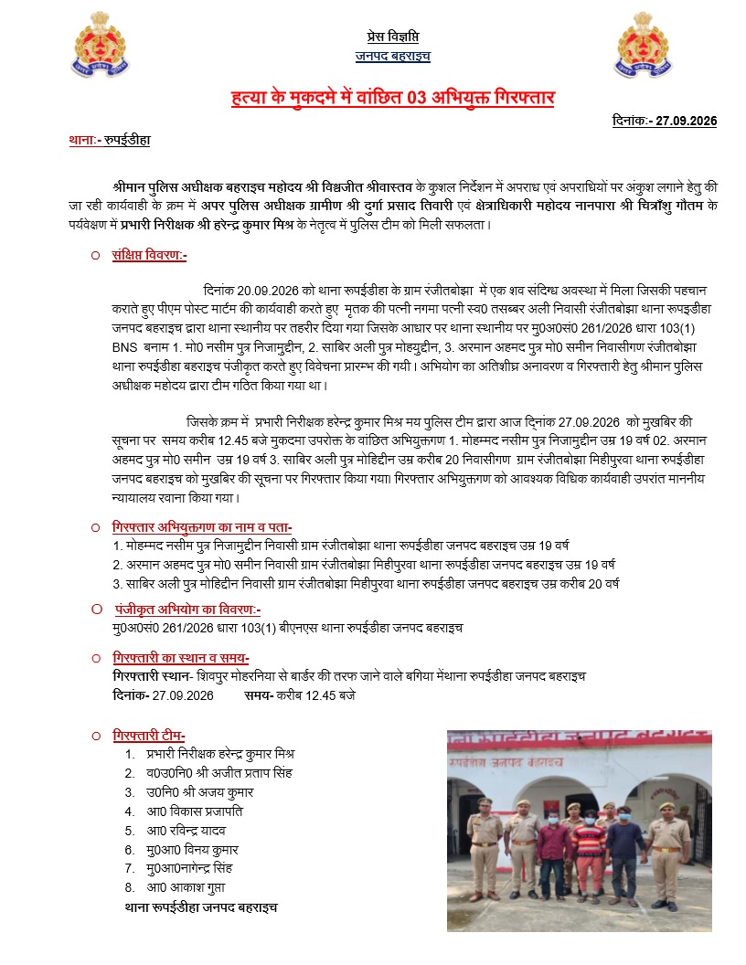 bahraichpolice's tweet photo. #SPBahraich श्री विश्वजीत श्रीवास्तव के निर्देशन में, थाना रूपईडीहा पुलिस द्वारा हत्या के मुकदमें में वांछित 03 अभियुक्तगण को किया गया गिरफ्तार ।
#Uppolice
#DIGDevipatan https://t.co/EIKkVDJZtl