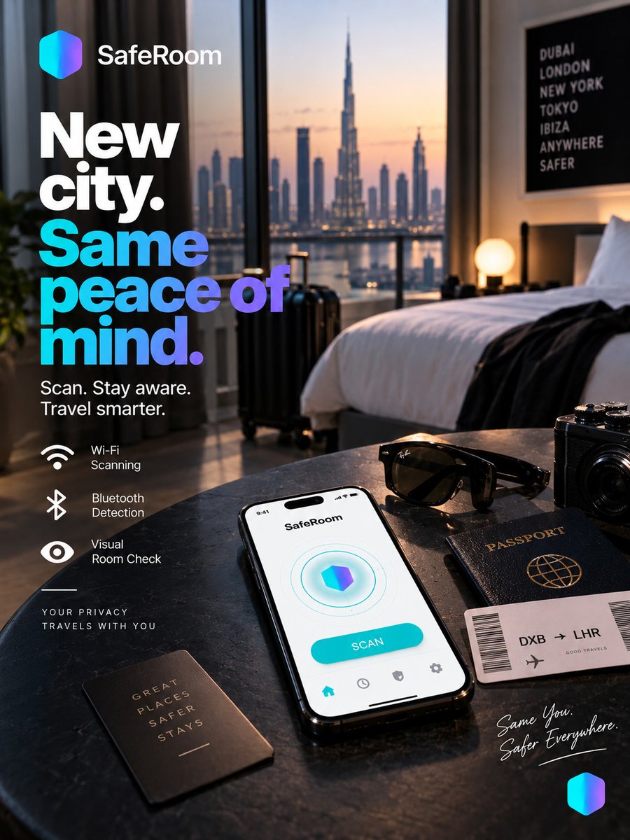 SafeRoomapp's tweet photo. Business trip. Hotel room. Two-minute security check. SafeRoom helps frequent travellers identify unusual Wi-Fi and Bluetooth devices and guides you through the places hidden cameras may be concealed. 

#BusinessTravel #HotelSafety https://t.co/J5t5hKHrD0