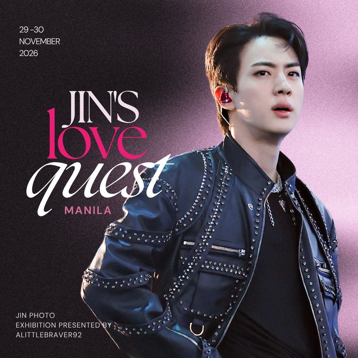 jinslovequestph's tweet photo. QUEST UNLOCKED!

Registration for Jin’s Love Quest in Manila is officially OPEN!

Join the quest through the link below:

🔗 https://t.co/H9h0KPKtiE

Good luck, players! ✨️
Dojeon! 도전! 🕹️ https://t.co/7XM3HAPtZo