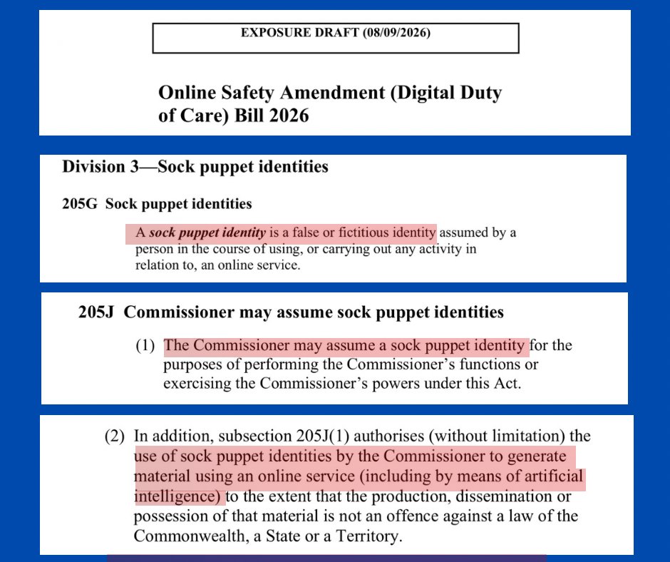 craigkellyAFEE's tweet photo. To the barricades.

I thought it was a gee-up, but the draft legislation actually refers to “sock puppets” and allows eSafety Karen to create these “false or fictitious identities” to generate any type of “material” (propaganda) — “without limitation” — using “artificial intelligence.”

Unbelievable. Just unbelievable.

But it’s there in black and white. Look for yourself …

https://t.co/KO4l2xn4Bn 

This proposed legislation empowers eSafety Karen to create an unlimited number of fake accounts using artificial intelligence to “generate material” — that is: anything the government wants to push.

Australians need to rise up. Civil disobedience might even be needed to stop such laws.

This cannot be allowed to pass Parliament.

If you were ever going to take a stand against a proposed law - this is it.