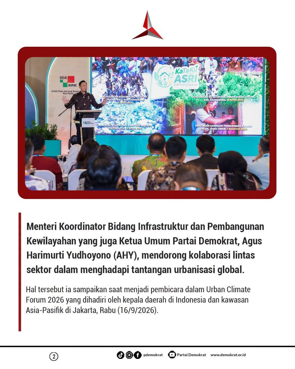 DPCDemokratLA's tweet photo. Ketua Umum Partai Demokrat, Agus Harimurti Yudhoyono (AHY), menegaskan pentingnya kolaborasi lintas sektor dalam menghadapi tantangan urbanisasi global.

#ahy #menkoinfrastruktur #urbanclimateforum2026 https://t.co/Pf0eLfrMYI
