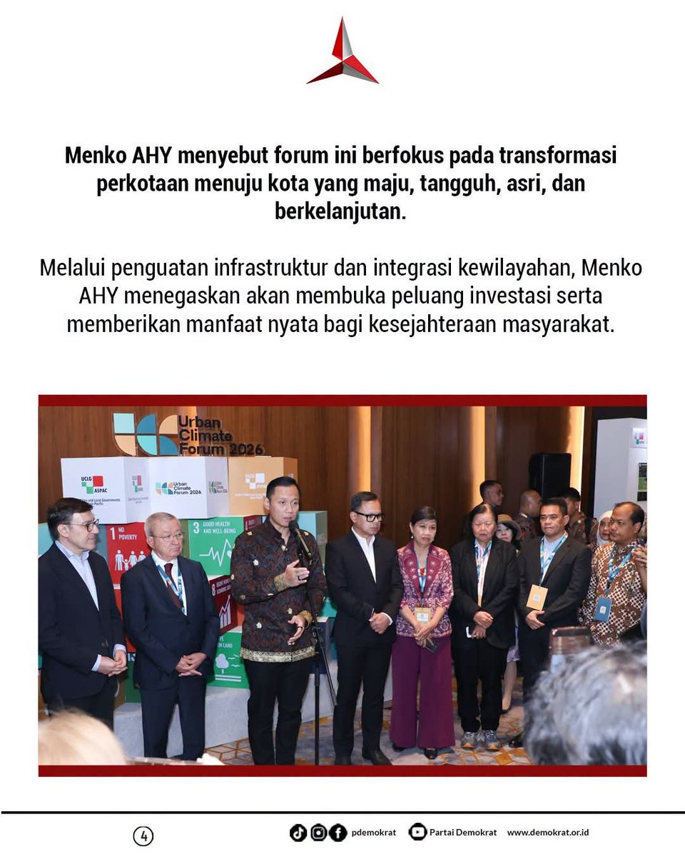 DPCDemokratLA's tweet photo. Ketua Umum Partai Demokrat, Agus Harimurti Yudhoyono (AHY), menegaskan pentingnya kolaborasi lintas sektor dalam menghadapi tantangan urbanisasi global.

#ahy #menkoinfrastruktur #urbanclimateforum2026 https://t.co/Pf0eLfrMYI