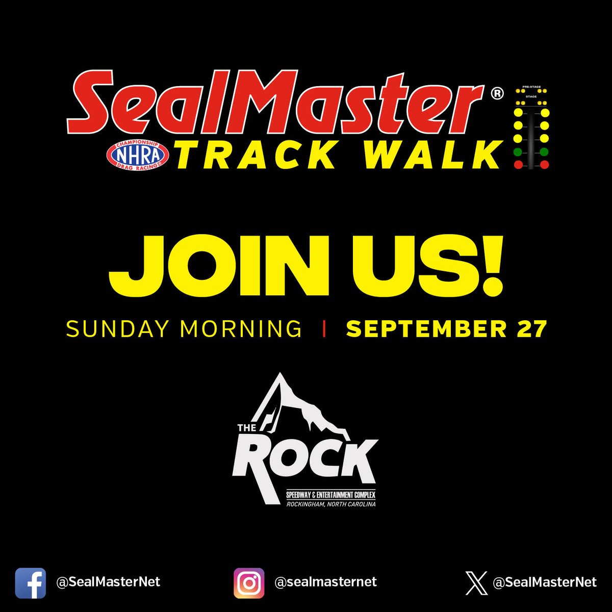 SealMasterNet's tweet photo. Start race day with SealMaster at @therockdragway 🏁

Join us for the #NHRA SealMaster Track Walk before the action gets underway at #NationalsAtTheRock. #RockinghamNats https://t.co/ddeTi2MHEV