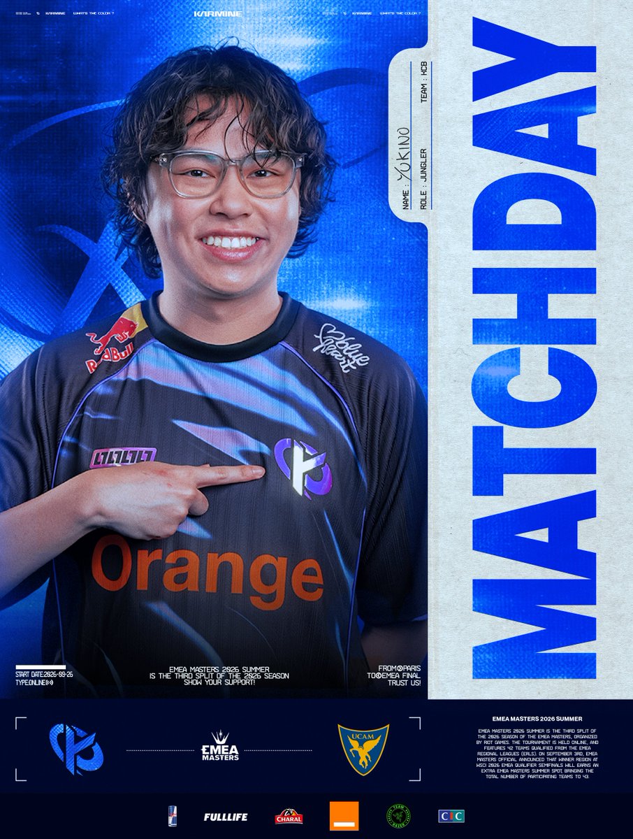 KarmineCorp's tweet photo. 🔴 EMEA Masters 2026 Summer - Swiss Stage Round 2

On va enfin pouvoir jouer notre premier match dans ce Swiss Stage, à ce soir chez @SlipixLoL ! #KCORP 

🆚 @UCAM_esports 
🕗 Prévu à 20h
📺 https://t.co/uyo0KItTeO https://t.co/gD5WePn28m