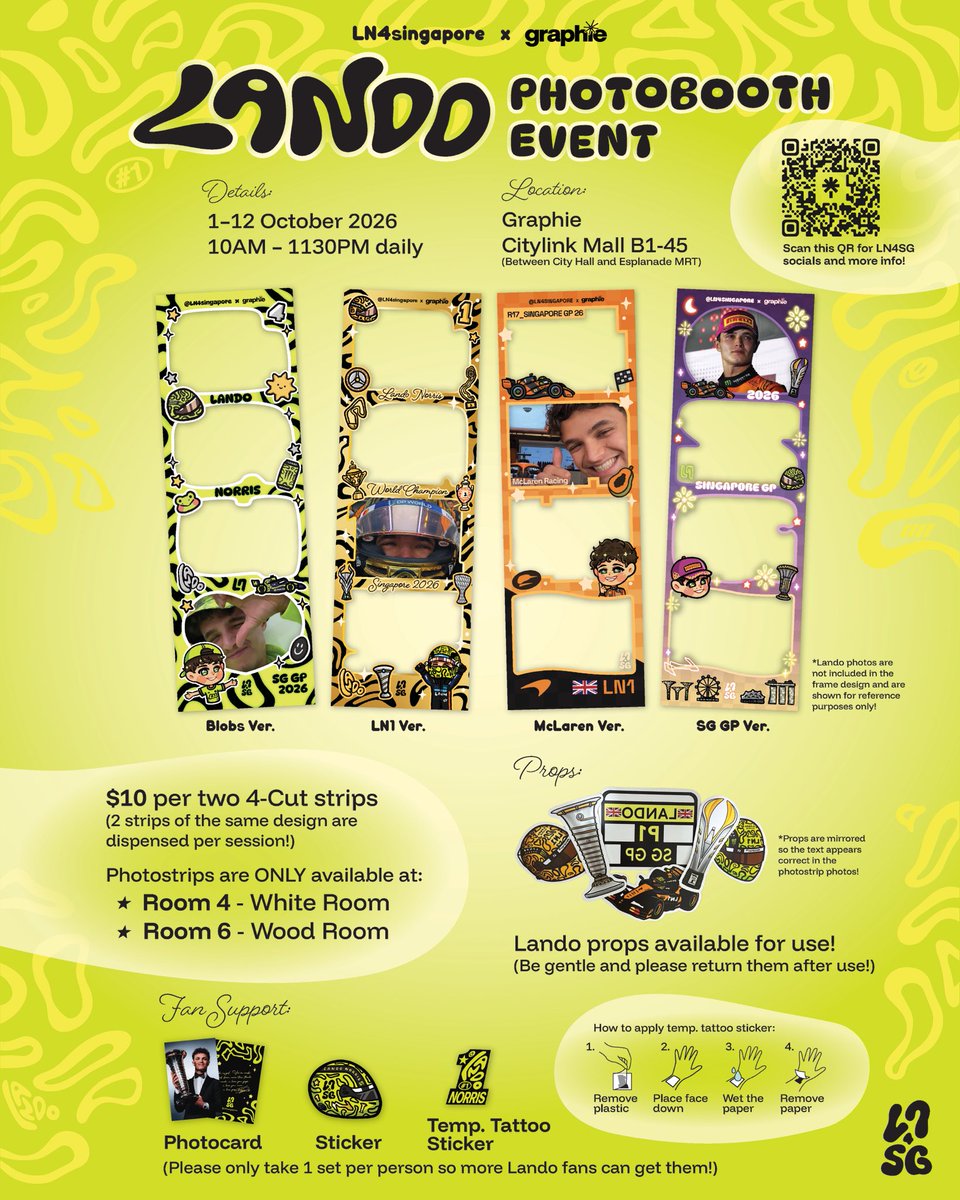 LN4singapore's tweet photo. [SG GP 🇸🇬]
Bringing back the Lando Photobooth event this year in collaboration with Graphie! 💚

There are 4 Lando frames available for you to take photos with! Freebies are also left at the photobooth for fellow Lando fans! 😇

Pls Note! ⬇️ https://t.co/jlZEIpkRU1