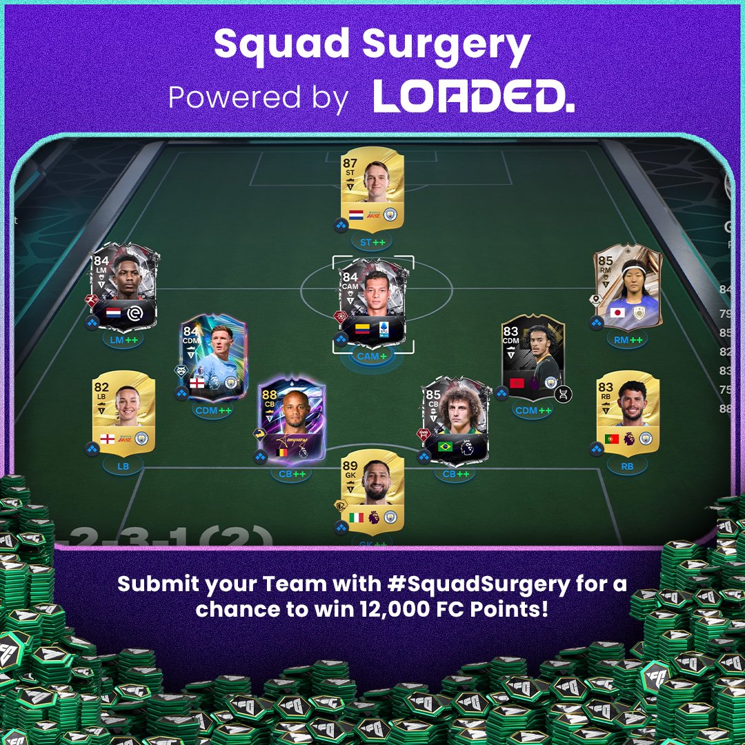 FUTBIN's tweet photo. send fc 27 teams 👍

LOADED are providing one lucky winner with 12,000 FC Points to kick start their FC 27 team! ✅

To enter, reply with a photo of your FC 27 team tagged with #SquadSurgery!👇 https://t.co/NEvQ3Wtl85