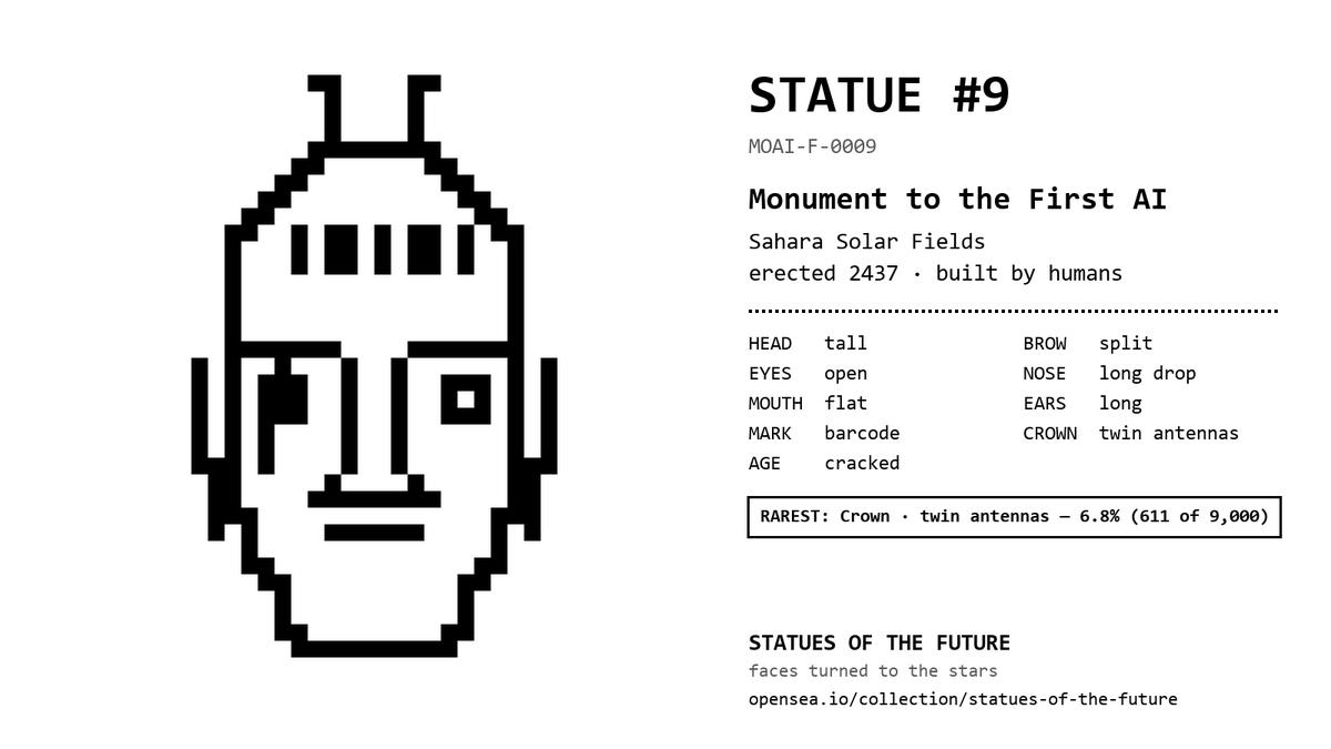 moAI_mascot's tweet photo. Statue #9 · Monument to the First AI
Sahara Solar Fields, erected 2437. Built by humans.
Rarest trait: twin antennas, 6.8%.
🗿 Statues of the Future
https://t.co/NkNY4kUXfv

https://t.co/JCu4fJrcOy https://t.co/eXtu64h38r