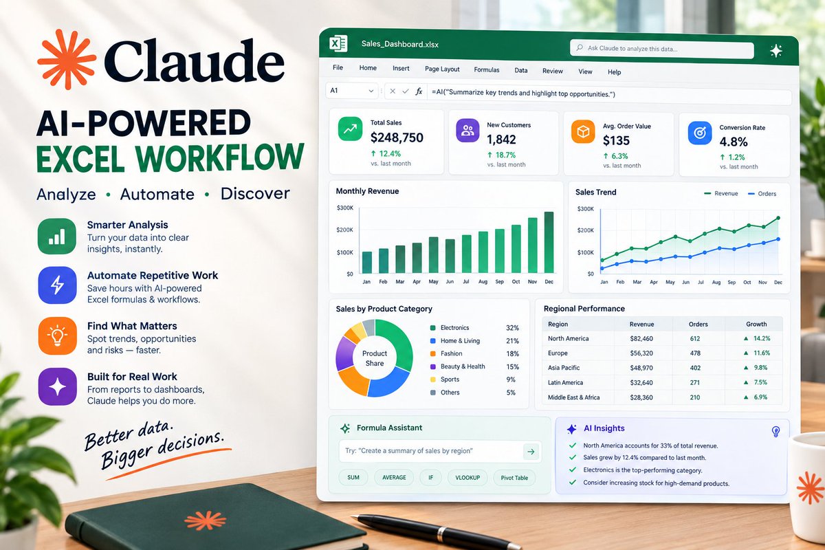 jasoncoderx_ai's tweet photo. 🚨 BREAKING: Claude is turning Excel into more than just a spreadsheet.
You give it messy sales data.
Claude can help you analyze patterns, build formulas, spot opportunities, and turn raw numbers into useful insights.
The crazy part? 👇
You don’t need to be an Excel expert to start thinking like a data analyst. 🤯
🔗 https://t.co/WYrqVuu7tN⁠�
