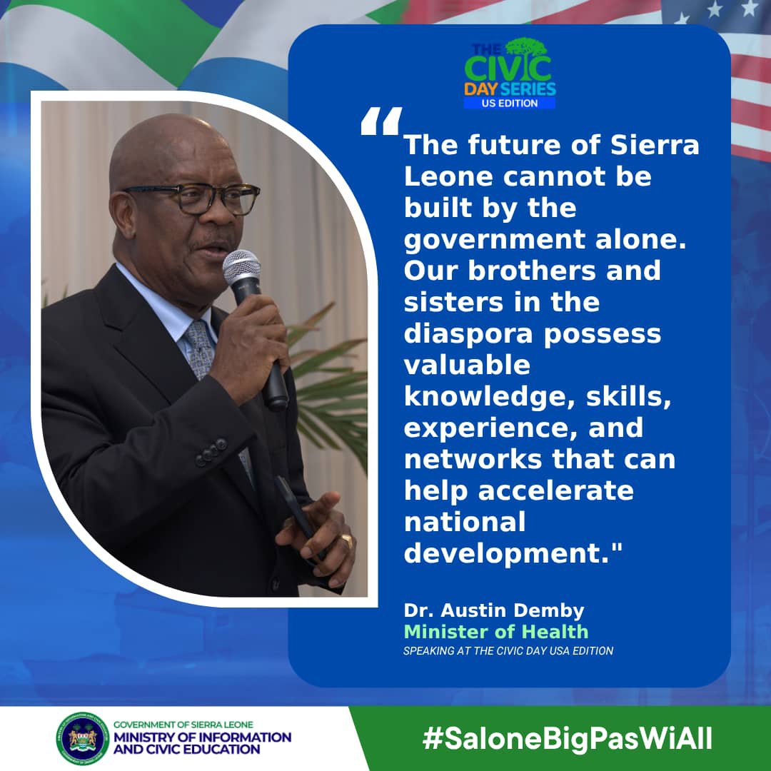 MoiceComm's tweet photo. Progress in the heath sector. Quote bubbles from Minister @DembyAustin at the just concluded Civic Day Series Townhall in New York.

@mohs_sl 

#SaloneBigPassWiAll https://t.co/PMgSs922ff