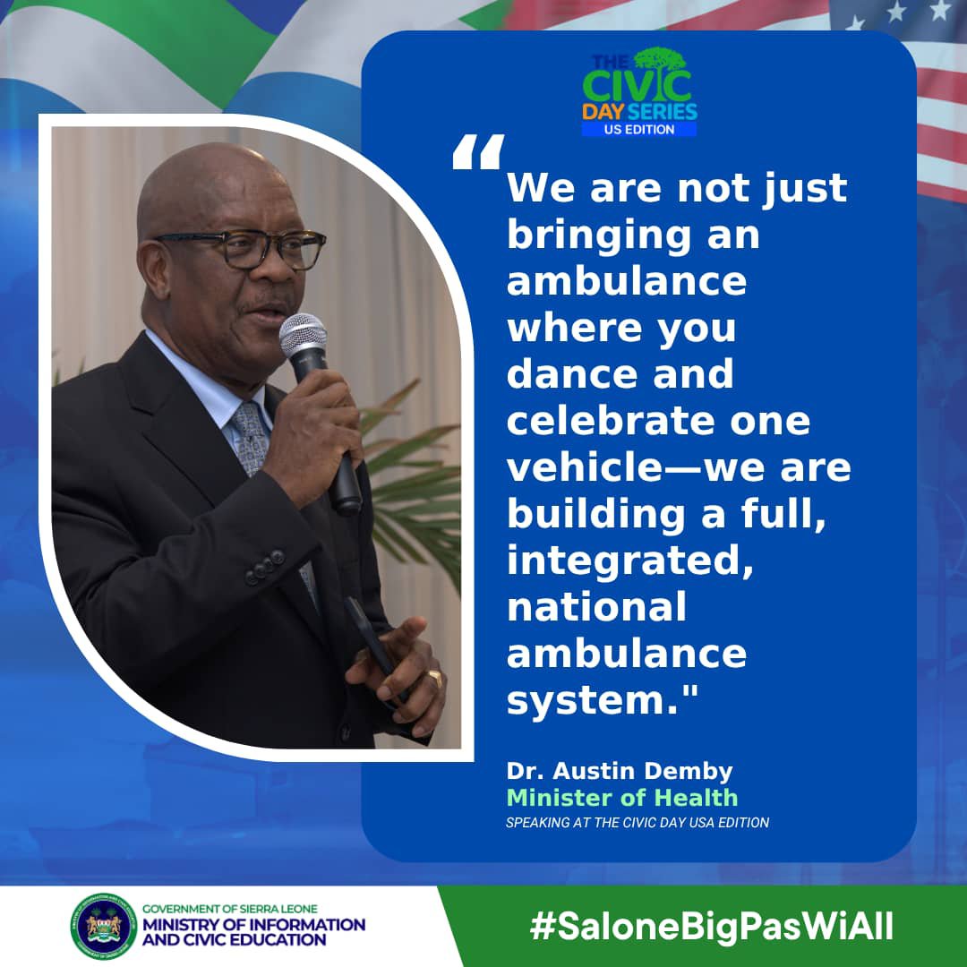 MoiceComm's tweet photo. Progress in the heath sector. Quote bubbles from Minister @DembyAustin at the just concluded Civic Day Series Townhall in New York.

@mohs_sl 

#SaloneBigPassWiAll https://t.co/PMgSs922ff
