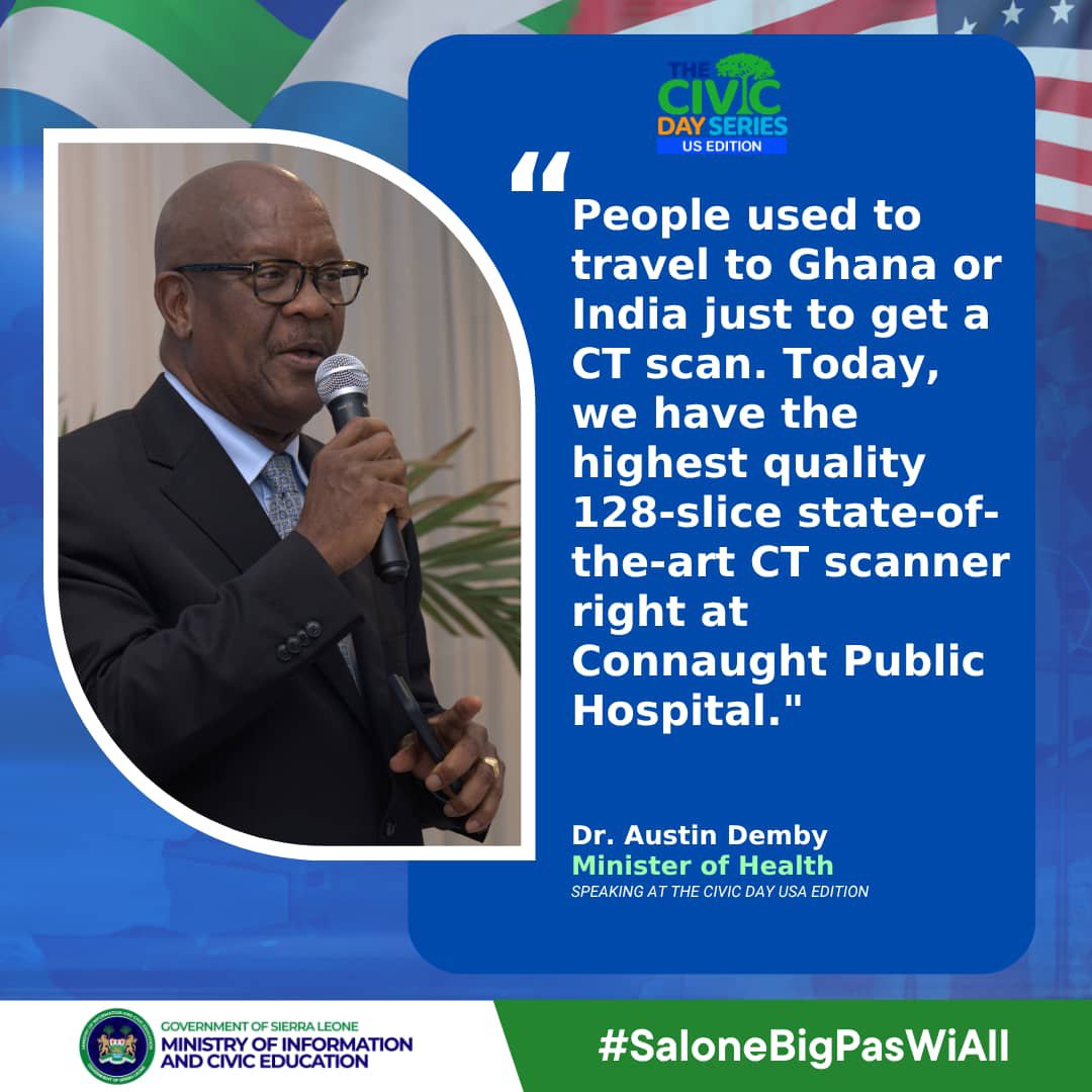 MoiceComm's tweet photo. Progress in the heath sector. Quote bubbles from Minister @DembyAustin at the just concluded Civic Day Series Townhall in New York.

@mohs_sl 

#SaloneBigPassWiAll https://t.co/PMgSs922ff