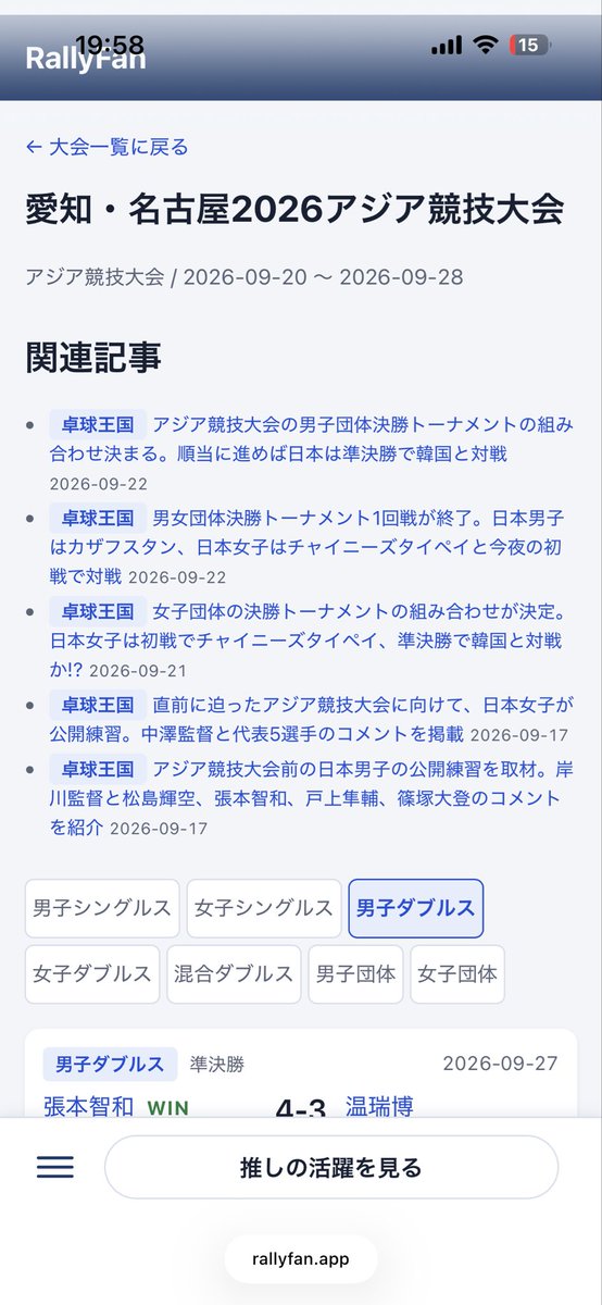 rallyfanapp's tweet photo. RallyFanで卓球王国やRallysなど大会や試合に関連する記事リンクも出すようになりました。推しの試合の詳細を知りたい時もRallyFanを中心にすると推し活が捗りますよ！

https://t.co/8nou8J5Ujx https://t.co/ycRW1VFDDH