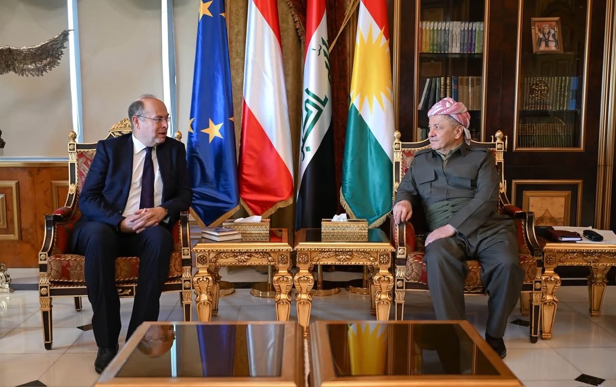 kdpfro's tweet photo. President Barzani Receives Austrian Ambassador to Iraq

On Sunday, September 27, 2026, President Masoud Barzani received Austria’s new Ambassador to Iraq, Ambassador Axel Wesch, in Pirmam.

During the meeting, the two sides discussed the political situation and recent developments in the region, including the conclusion of the international coalition’s mission in Iraq and the challenges affecting the country’s stability. President Barzani reaffirmed his support for the Iraqi Prime Minister’s efforts to address outstanding issues, overcome challenges, and promote stability throughout Iraq.

President Barzani also highlighted the longstanding relations between the two sides and expressed his gratitude to the Austrian government and people for their solidarity with and support for the people of Kurdistan during the difficult years of the revolution.

The meeting also underscored the importance of strengthening relations between Austria and the Kurdistan Region, particularly in the economic and tourism sectors.
@masoud_barzani 
@AxelWech 
@KDPinfo